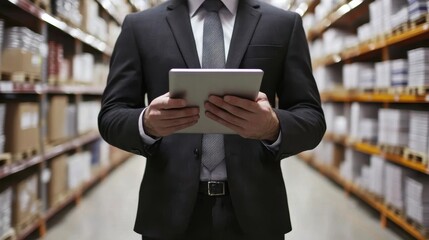 Wholesale Manager Overseeing Inventory with Tablet in Warehouse
