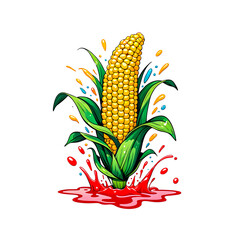 Obraz premium illustration of Fresh corn and colorful liquid splashing on white background.
