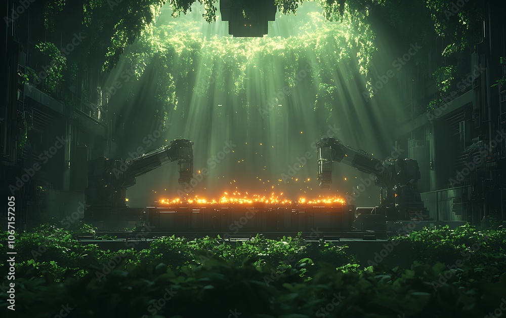 Poster a mysterious, lush scene featuring two robotic figures surrounding a glowing table, illuminated by b
