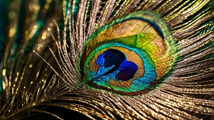 Fototapeta premium A detailed shot of a peacock feather, focusing on the eye pattern with iridescent hues of green, teal, and gold.