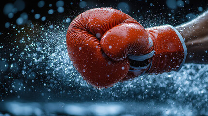 Close-up of boxing gloves in mid-punch, powerful impact, adrenaline-pumping moment