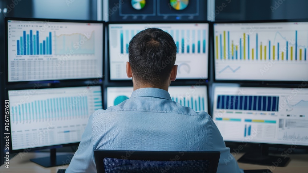 Poster financial analyst reviewing performance metrics on multiple screens in a data-intensive office