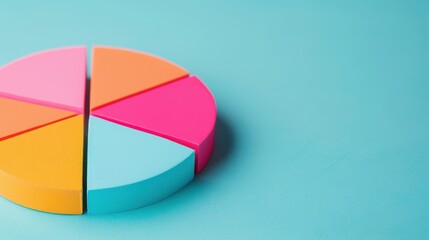 Obraz premium Bright and colorful segmented pie chart model on a blue background for data presentation