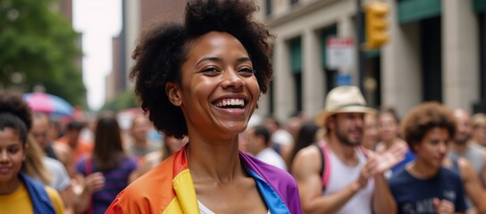 A joyous Black lesbian woman revels in New York Citys Pride Parade donning a rainbow flag on her back