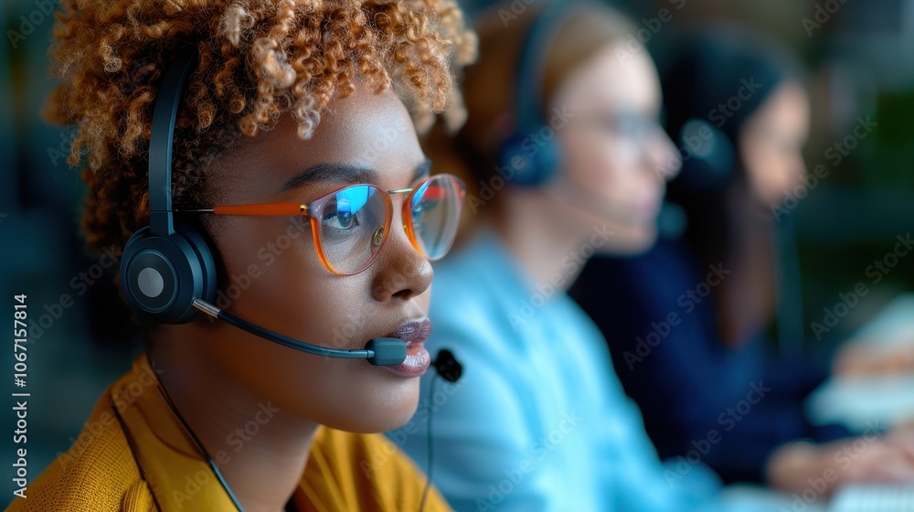 Poster focused call center agent with headset working in a customer service team