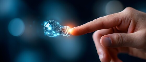 Futuristic AI Powered Illumination Finger Touches Glowing Smart Bulb Symbolizing Innovative IoT Networks and Intelligent Communication Systems of the Future