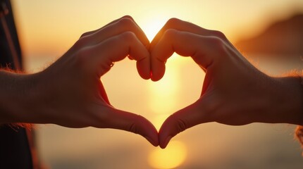 Fototapeta premium Close-up of a couple's hands forming a heart shape against a soft, blurred background, with warm lighting highlighting their skin tones, creating a romantic and intimate atmosphere