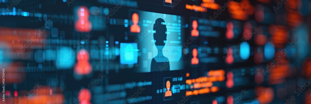 Poster abstract digital interface with human silhouettes and security icons representing data protection