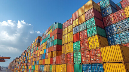 Fototapeta premium Container ship with stacked cargo boxes at a bustling port, global logistics in action