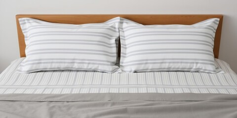 Two standard size pillows are placed side by side on a double bed, with the pillowcases in matching patterns of white and gray stripes, domestic style, bedroom furniture, double bed