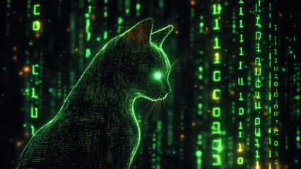 Digital cat silhouette glowing with green neon dots on a black background