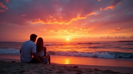 Fototapeta premium Couple sitting together on a beach, watching the sunset over the ocean, with vibrant colors in the sky reflecting on the water, creating a romantic and peaceful scene