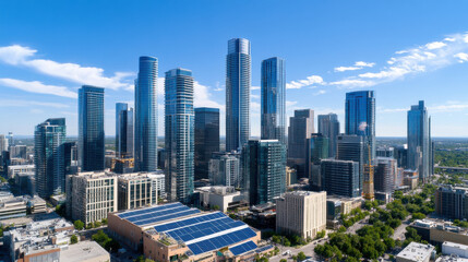 Obraz premium Modern skyline with high rise buildings and solar grids
