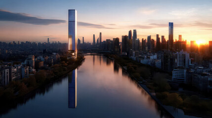 Fototapeta premium Futuristic cityscape with solar paneled skyscrapers at sunset