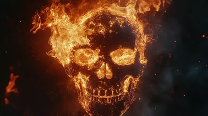 Burning skull against a pure black background. 
