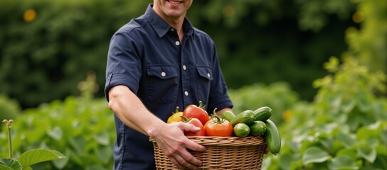 Fototapeta premium Man with a wicker basket full of vegetables posing amidst an organic garden