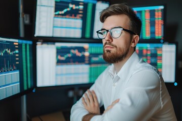 Fototapeta premium Focused stock market analyst reviewing financial charts on multiple monitors