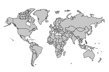 World map Grayscale,isolated on white background for website layouts,background,education, precise,customizable,Travel worldwide,map silhouette backdrop,earth geography, political,reports.