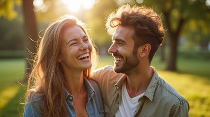 Fototapeta premium Natural candid shot of a couple laughing together in a sunlit park, with genuine smiles and joyful expressions, surrounded by greenery and soft sunlight, capturing a moment of happiness and connection
