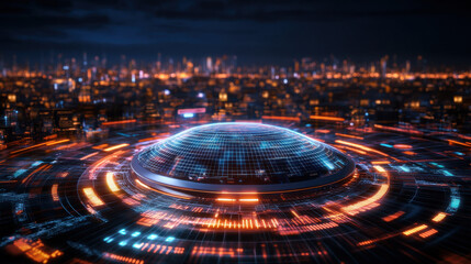 Futuristic cityscape with glowing, circular structure at night