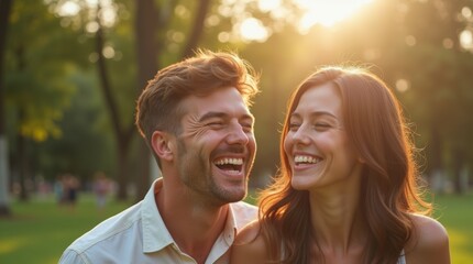 Fototapeta premium Natural candid shot of a couple laughing together in a sunlit park, with genuine smiles and joyful expressions, surrounded by greenery and soft sunlight, capturing a moment of happiness and connection