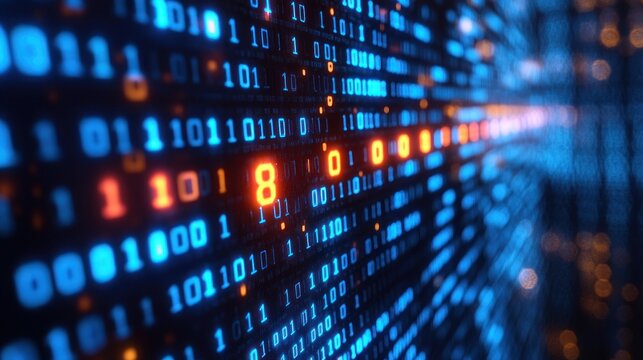 Abstract digital binary code background with glowing orange digits.