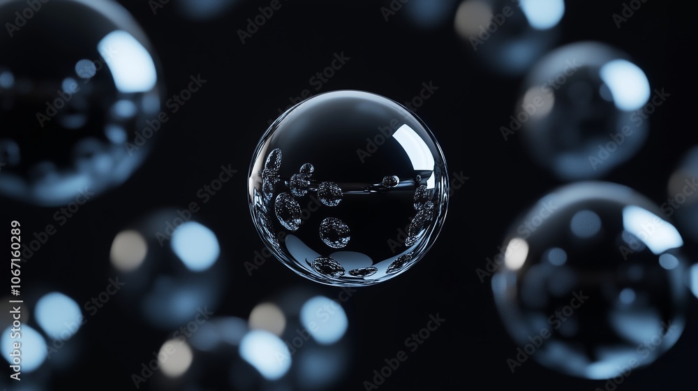 Poster floating water bubbles in a dark space create a mesmerizing visual effect with reflections and trans