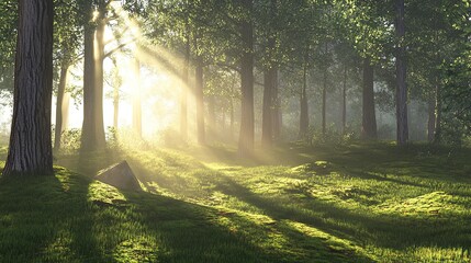 Obraz premium Sunlit Forest with Trees and Grass.