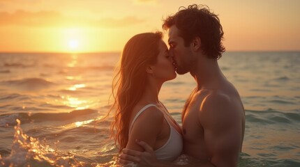 Fototapeta premium Romantic scene of a couple holding each other in the ocean, with gentle waves lapping around them and the sun setting in the background, creating a warm and intimate atmosphere filled with love
