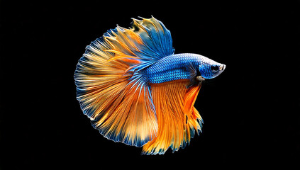Fototapeta premium Bicolored fighting fish, blue and gold, black background.