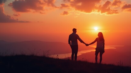 Fototapeta premium Silhouette of a couple standing hand in hand on a hilltop during sunset, with a breathtaking view of the landscape below and a colorful sky, creating a romantic and serene atmosphere