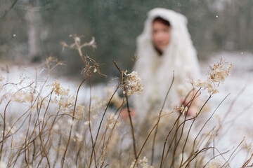 Woman in Snowy Field with Dried Flowers in Winter