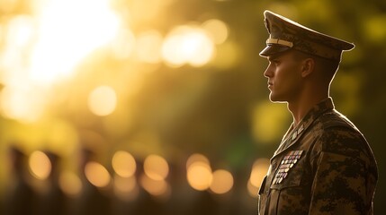 A solemn moment in military ceremony the poise of a soldier in the golden glow of sunset