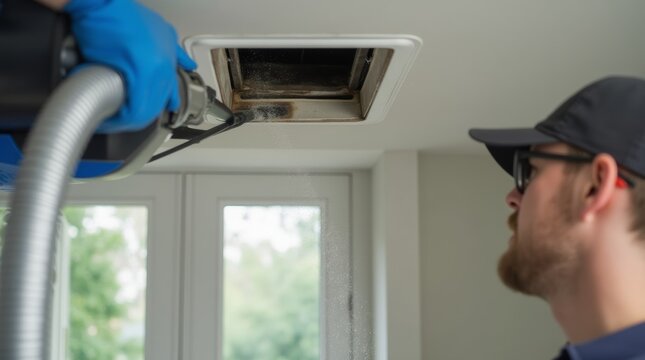 Technician cleaning air ducts with a vacuum hose, inside a modern home, closeup of duct opening with dust and debris being removed, soft daylight illuminating the room, focus on the ventilation system