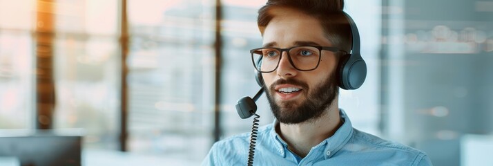 Customer support agent with glasses and a headset working in a bright modern office
