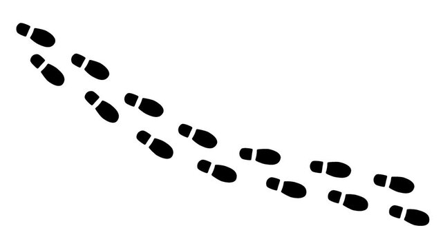 Human footprint 4K video. Black trace of foot prints of person in boots. Walk loop animation, graphic motion. Step by step footage animation, video on white background.