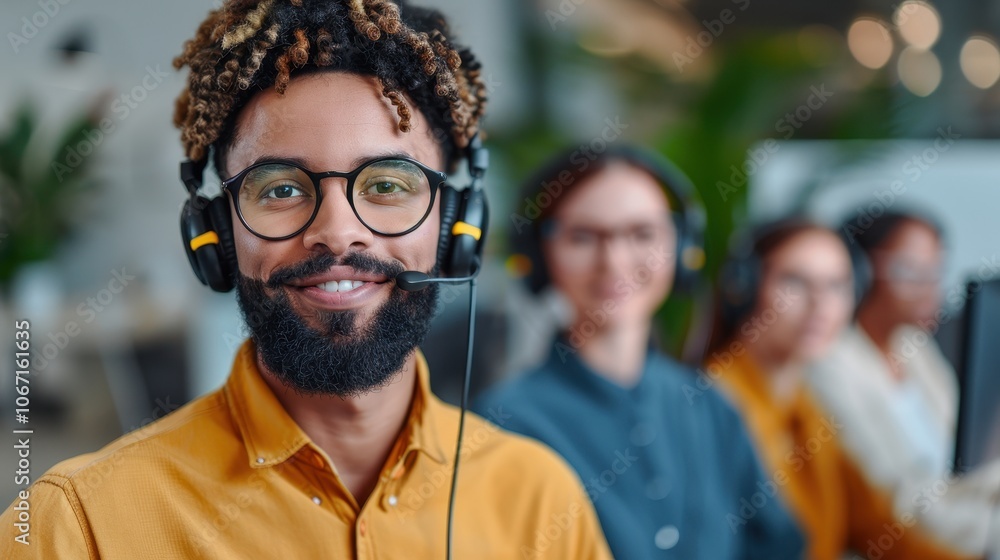 Aufkleber smiling customer support representative with a headset in a busy call center