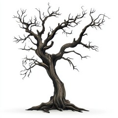 Fototapeta premium A stylized dead tree, bold shapes and rough textures, cartoon design, isolated on white background