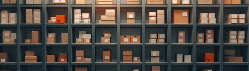 Stock control process in action, with warehouse shelves filled with labeled inventory for easy tracking