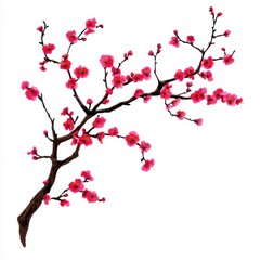 Naklejka premium A stylized branch with blossoms, abstract design, bright pink flowers and bold brown bark, isolated on white background