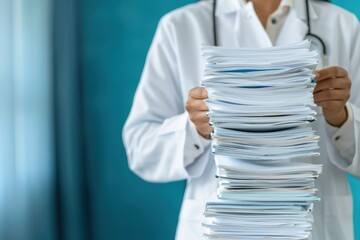 Doctor in White Coat Holding a Large Stack of Medical Files