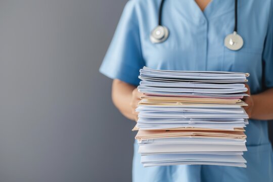 Nurse in Blue Scrubs Holding a Stack of Patient Files Against Gray Background - Powered by Adobe