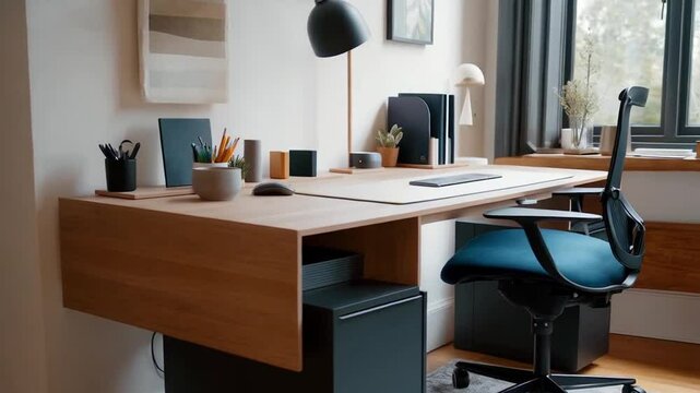 Home office features a functional desk with a comfortable chair, designed for productivity. The space is organized with essential work tools, creating an efficient.