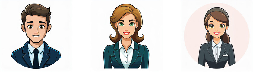 Three cartoon avatars, one male and two female, are wearing professional attire.