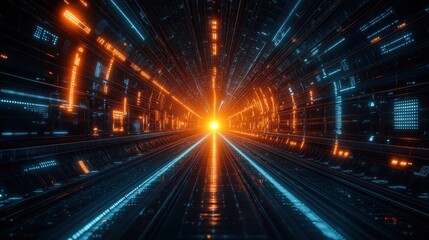 Abstract digital tunnel with glowing lines and light at the end.