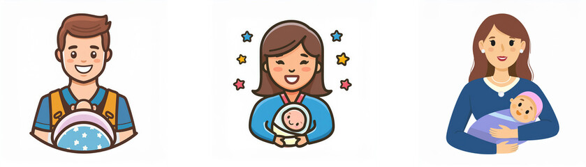 Three cartoon characters: a man holding a baby carrier, a woman smiling holding a baby, and another woman holding a baby in her arms.