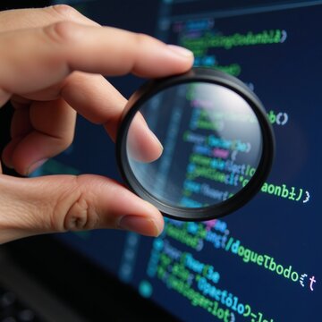 Man inspecting digital code with magnifying glass Data AnalysisQASoftware Testing  Debugging