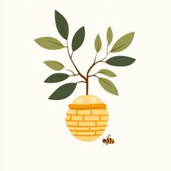 A small beehive on a leafy branch, vector design, simple shapes with soft yellow and green, isolated on white background