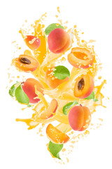 Apricot pieces with apricot juice, green leaves, drops, splashes, flows levitate on white...