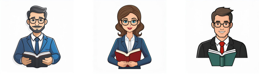 Three cartoon people, two men and one woman, holding books, dressed in business attire.